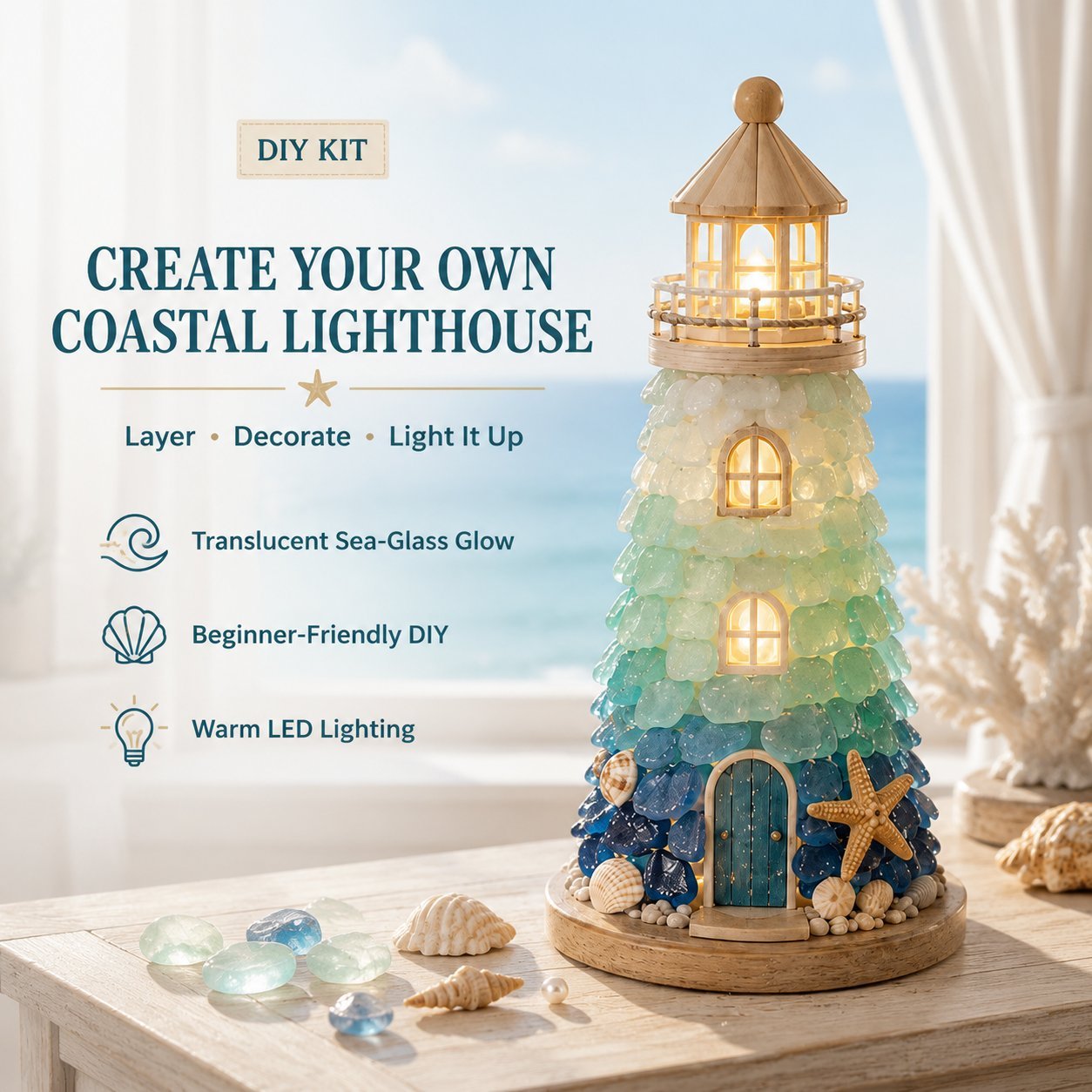 🌊 DIY 3D Sea Glass Lighthouse Kit | Light-Up Coastal Home Decor