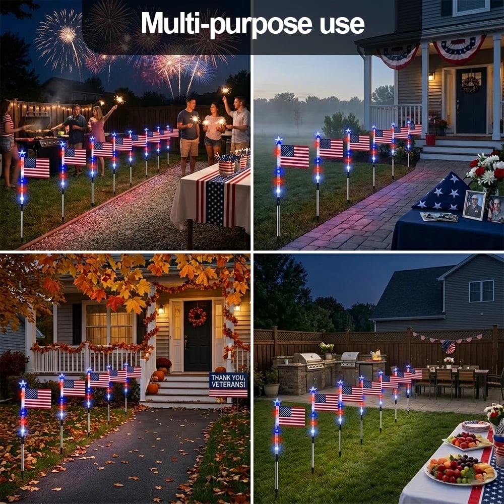 8 Solar American Flag Pathway Lights – Red, White & Blue Yard Glow for 250th Independence Celebration