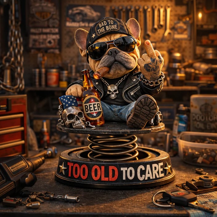 "Too Old To Care😎" Hardcore Frenchie Dashboard Bobblehead