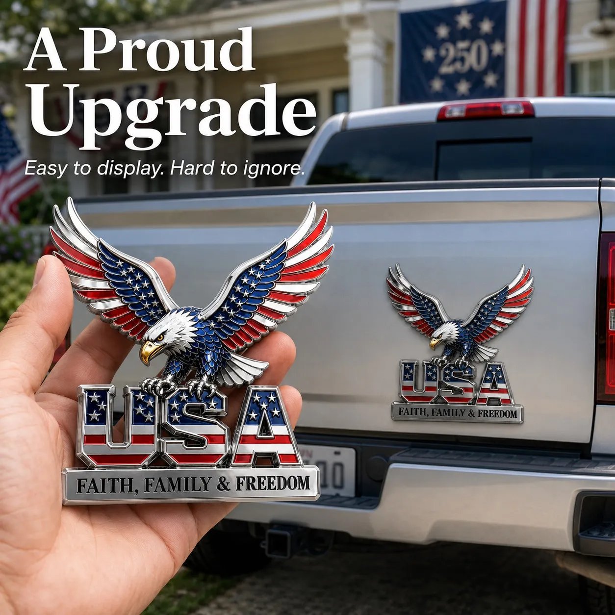 USA 250th Anniversary Metal Emblem | Faith, Family & Freedom Auto Badge