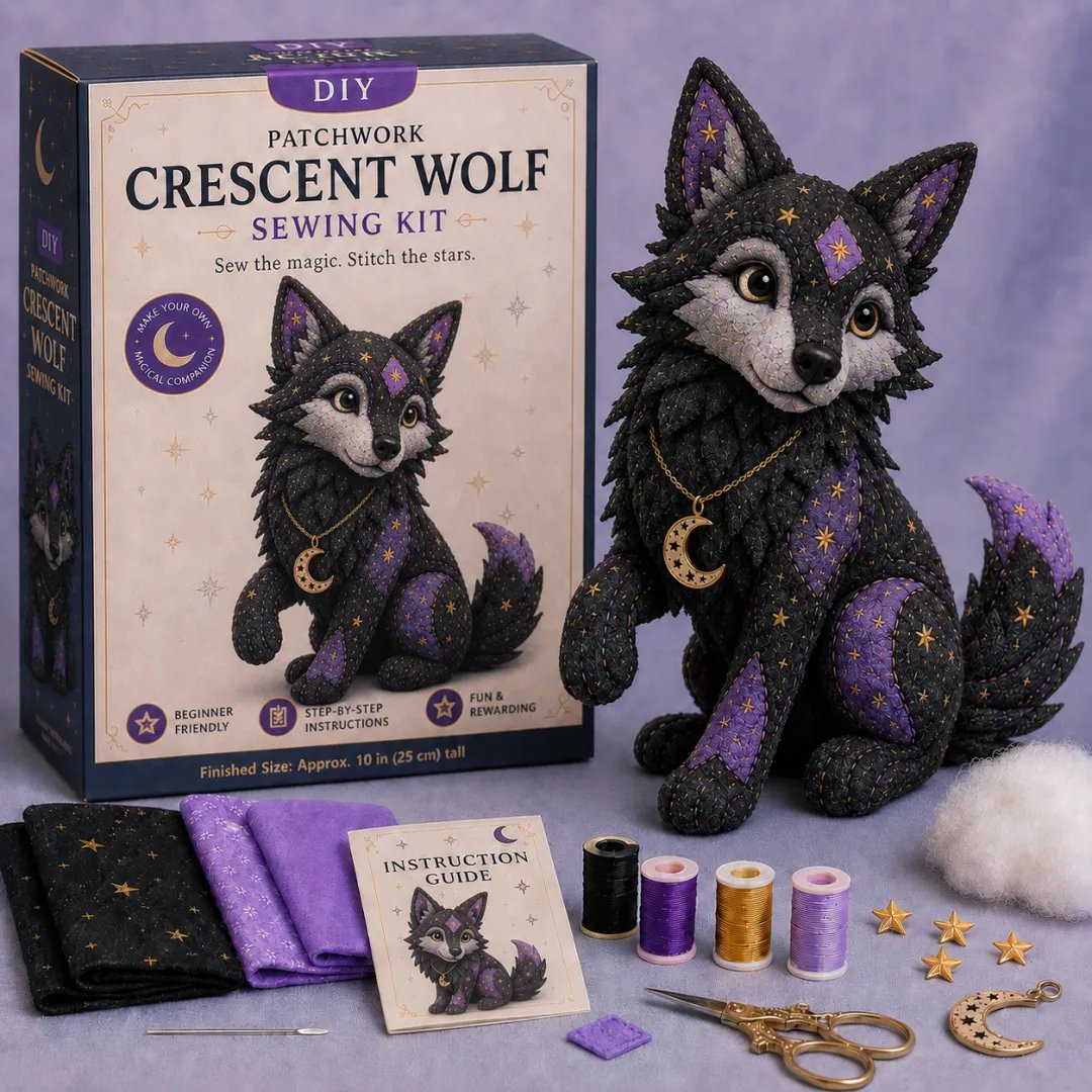 Mystic Patchwork Animal Sewing Kit – DIY Plush Craft Kit with Starry Fabric & Moon Charm