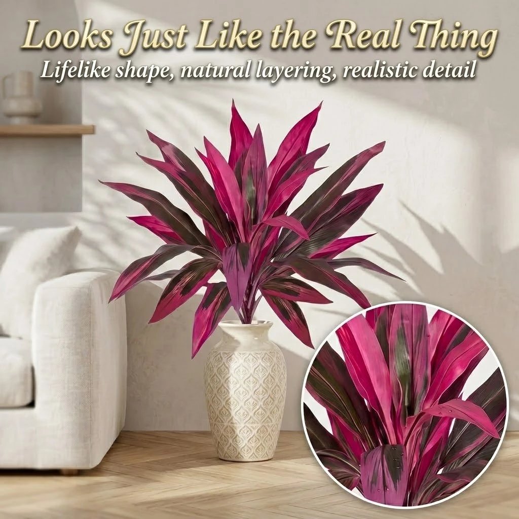 2Pcs Large Artificial Boston Fern & Dragon's Blood Tree Plants | Vibrant Pink Purple Faux Plants for Garden Patio Balcony Decor