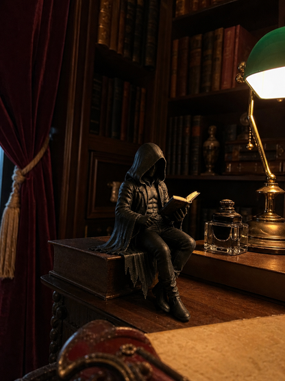 Gothic Hooded Reader Resin Figure – Dark Fantasy Bookshelf Decor