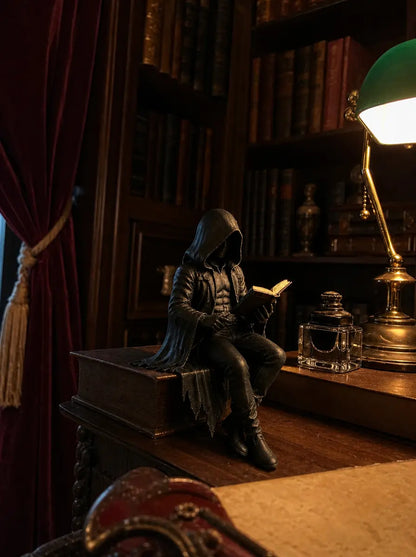 Gothic Hooded Reader Resin Figure – Dark Fantasy Bookshelf Decor