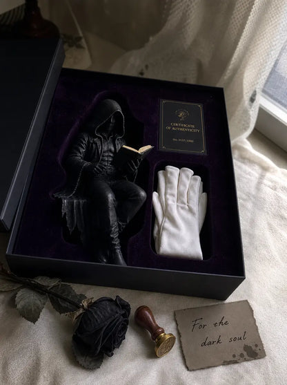 Gothic Hooded Reader Resin Figure – Dark Fantasy Bookshelf Decor