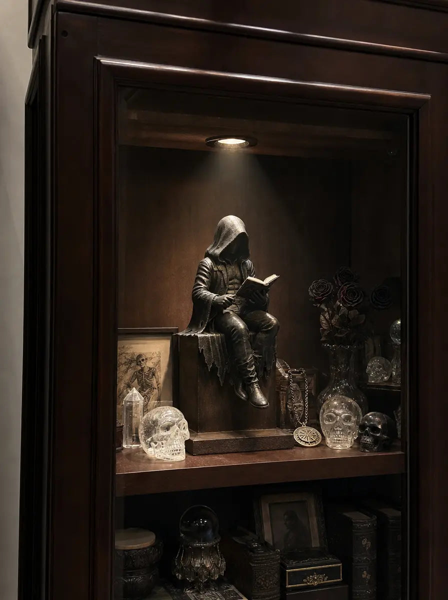 Gothic Hooded Reader Resin Figure – Dark Fantasy Bookshelf Decor