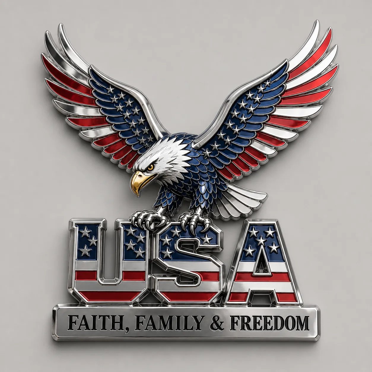 USA 250th Anniversary Metal Emblem | Faith, Family & Freedom Auto Badge