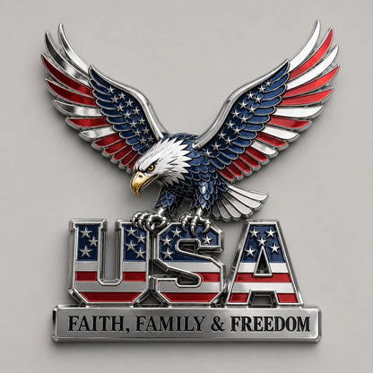 USA 250th Anniversary Metal Emblem | Faith, Family & Freedom Auto Badge