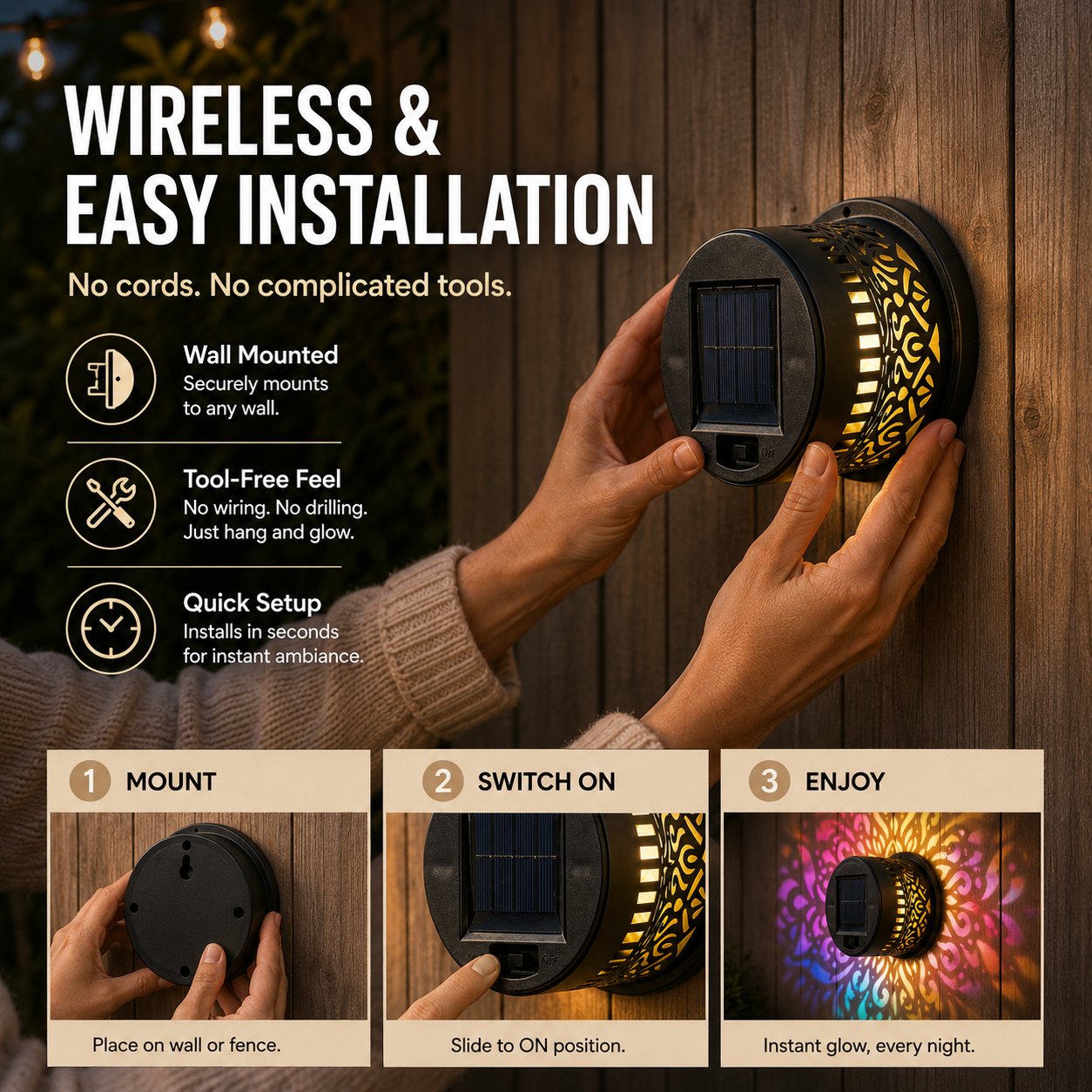 Solar Mandala Wall Light Projector for Garden, Patio & Fence Decor