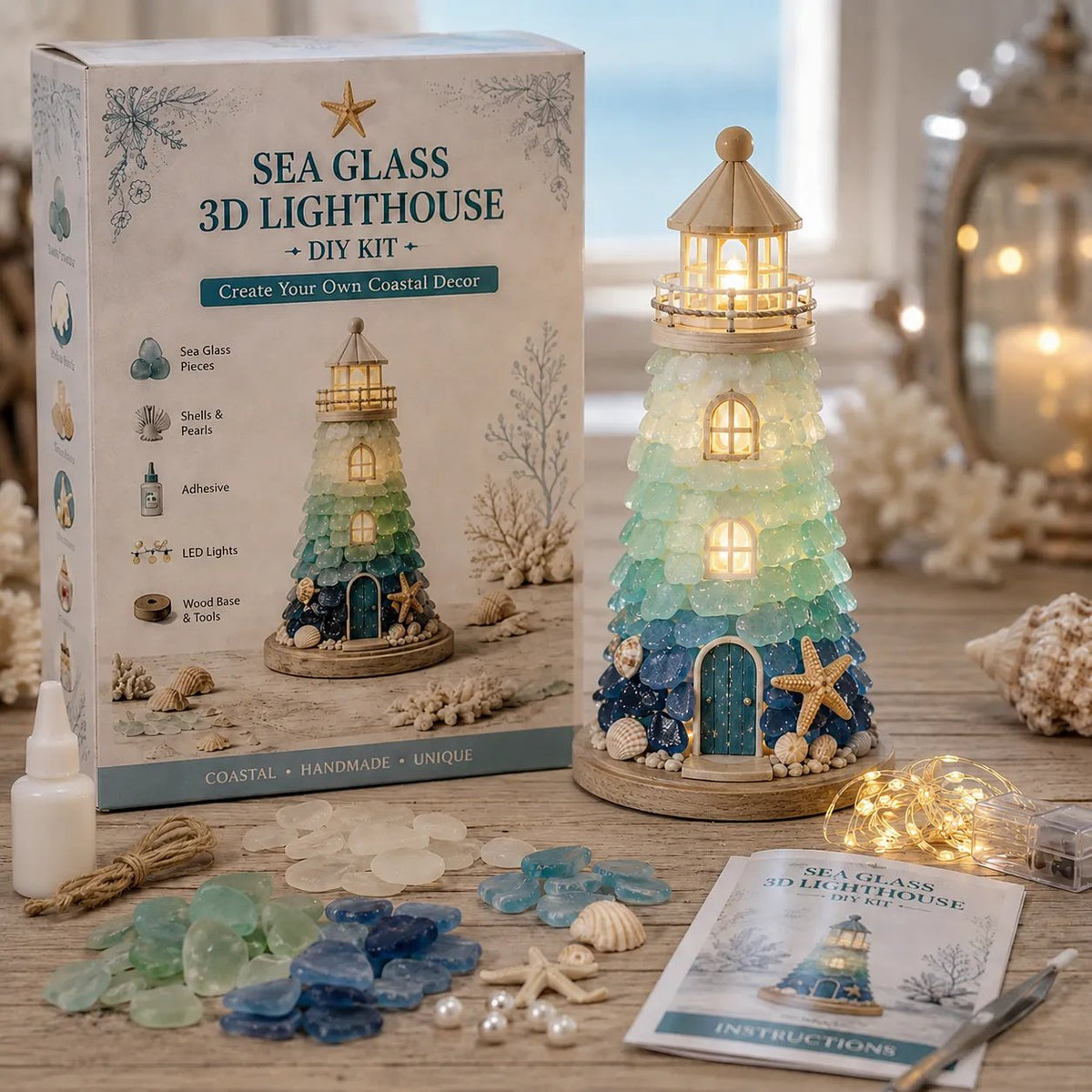 🌊 DIY 3D Sea Glass Lighthouse Kit | Light-Up Coastal Home Decor