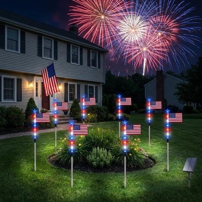 8 Solar American Flag Pathway Lights – Red, White & Blue Yard Glow for 250th Independence Celebration