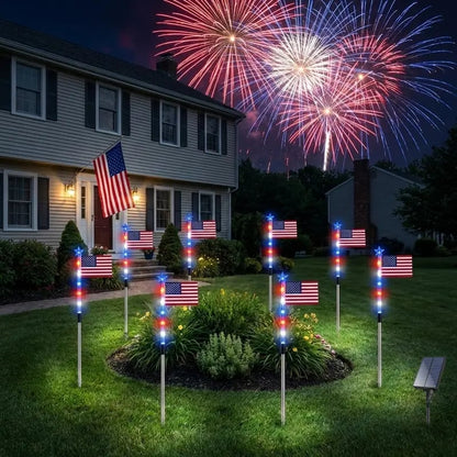 8 Solar American Flag Pathway Lights – Red, White & Blue Yard Glow for 250th Independence Celebration