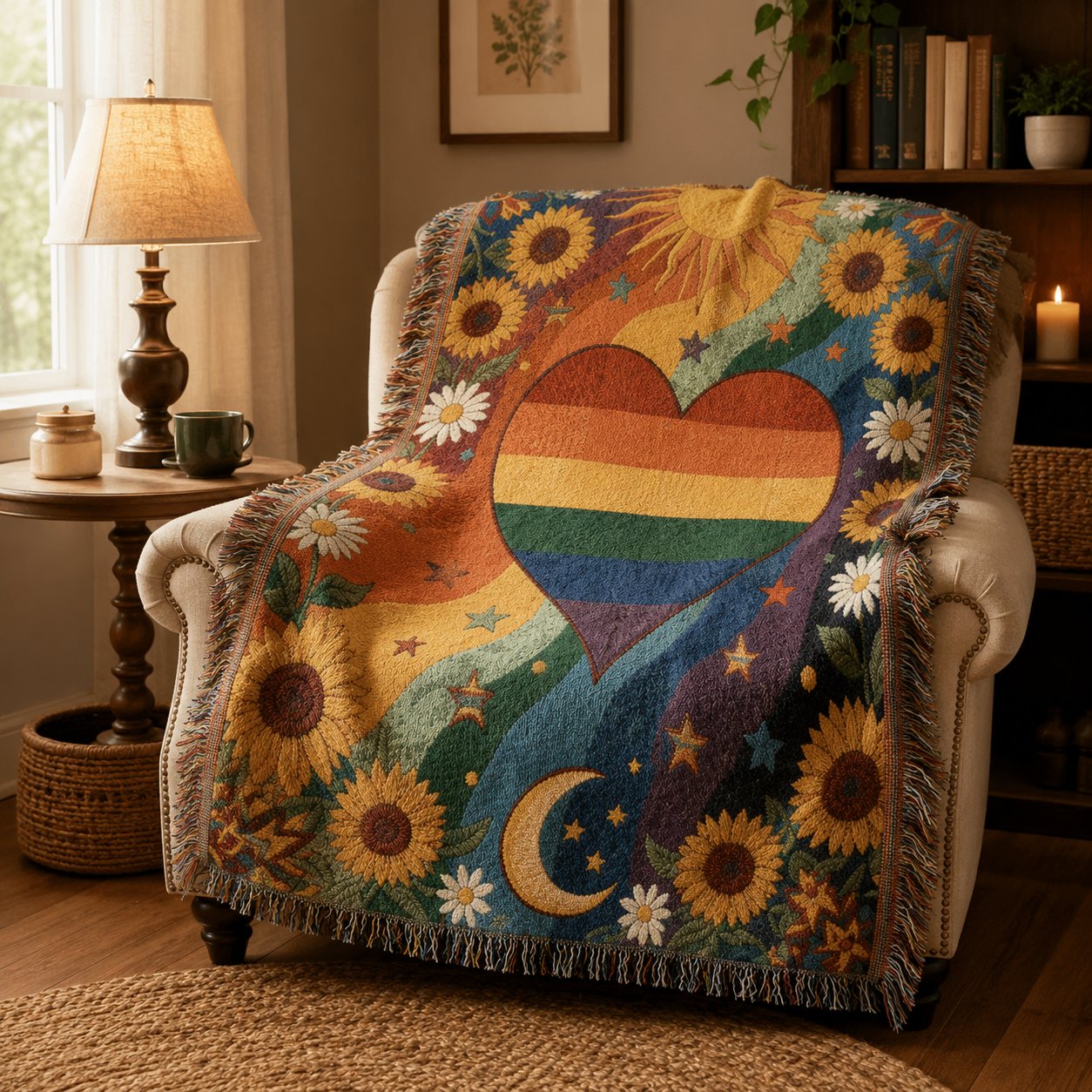 🏳️‍🌈2026 Handmade Woven Pride Blanket – Rainbow Heart Throw for Sofa, Bed & Wall Décor