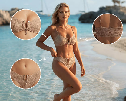Metal Ring Lace Cut-Out Solid Color Bikini - Khaki / US6 (M)