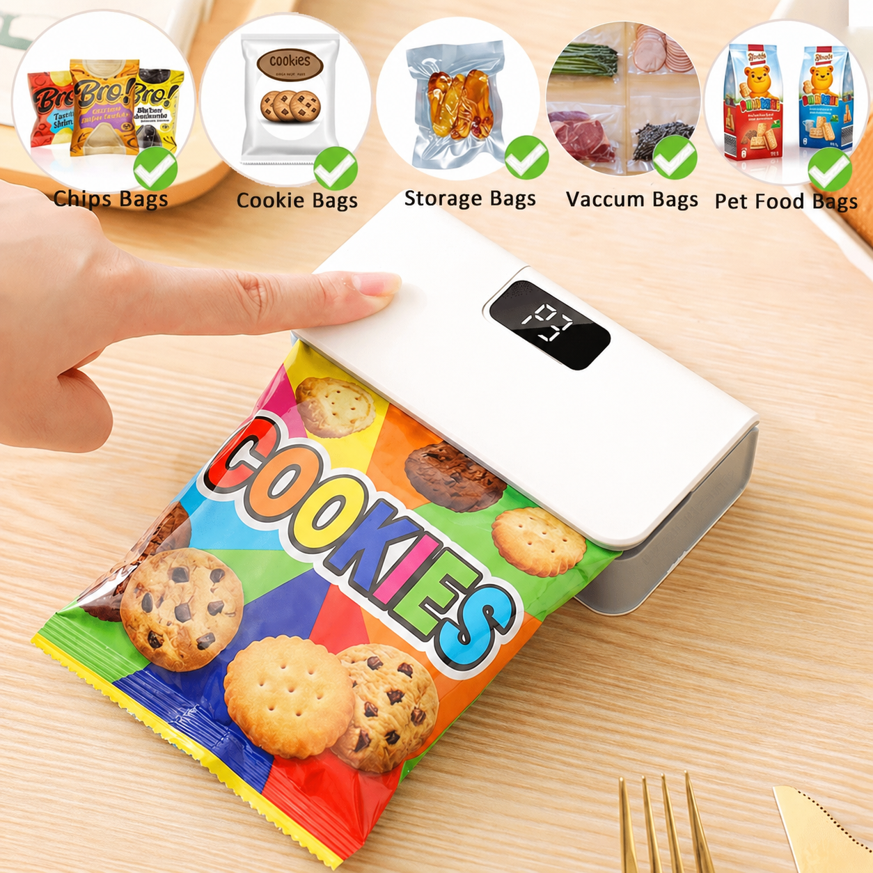2-in-1 Mini Rechargeable Bag Sealer – LED Display, Magnetic Fridge Mount & Built-in Cutter